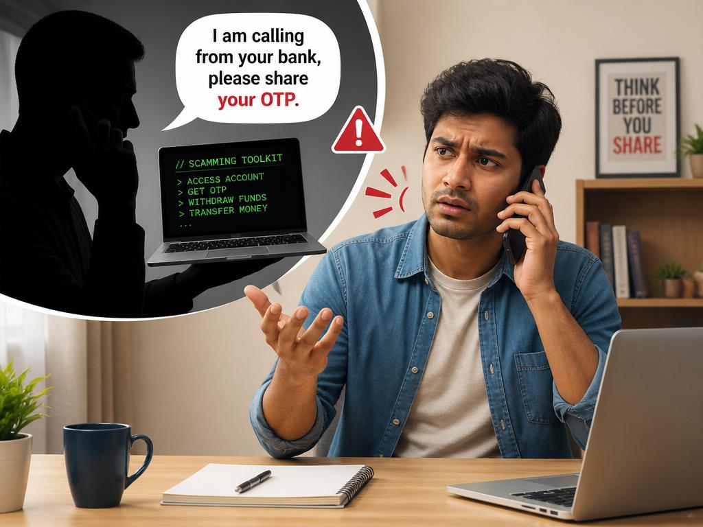 Young man confused while a scammer asks for OTP over phone