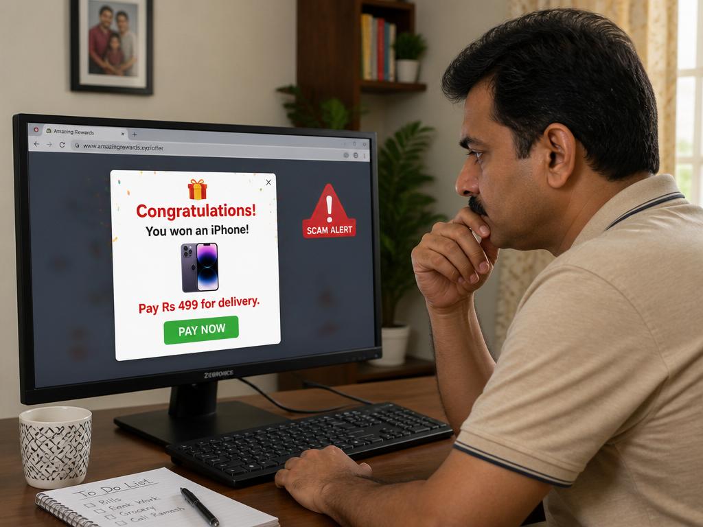 Man looking at a fake prize popup on his computer screen