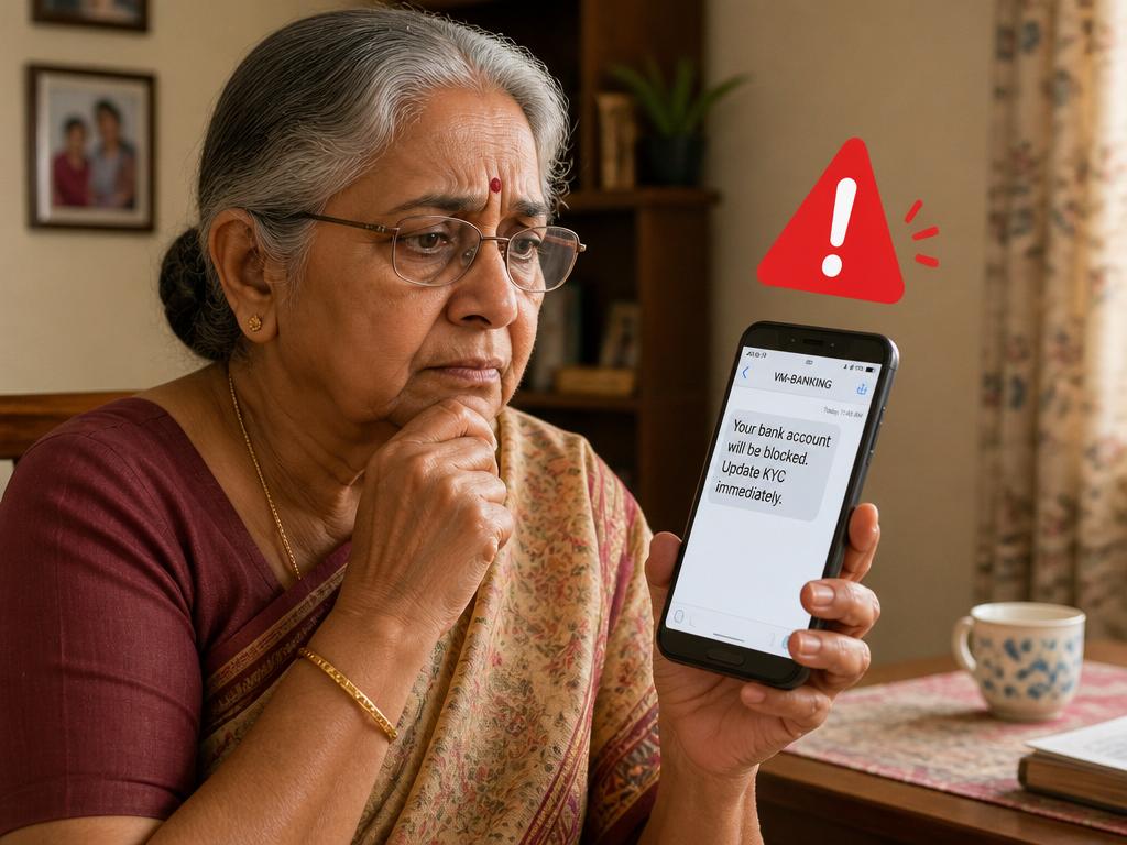 Elderly woman receiving a fake bank SMS asking to update KYC